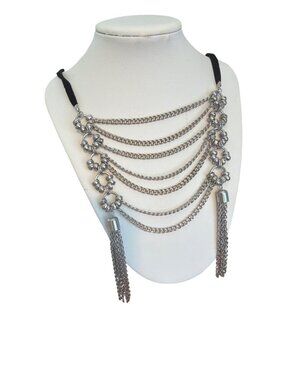 Silver Tone Multi Layer Chain Bib Necklace Black Faux Leather Tassels 27" NWOT